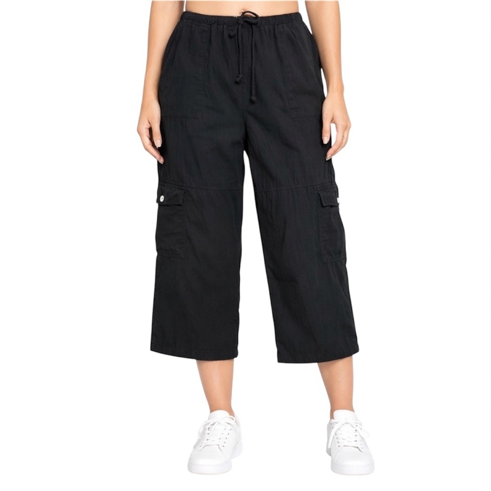 Cut Loose Wide Leg Crop Cargo Pant Sz Large Black Elastic Waist Pull On Pockets